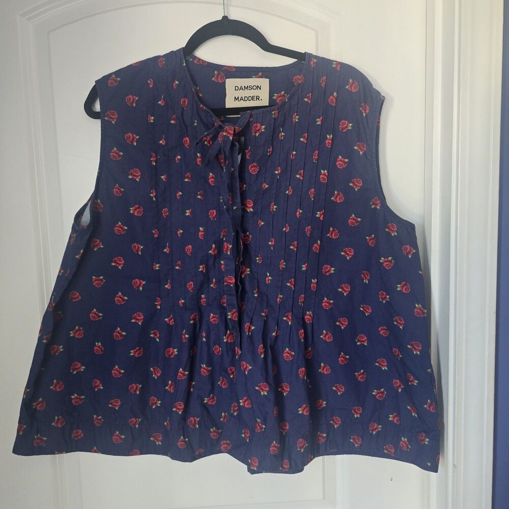 Damson Madder Sleeveless Navy And Rose Print Pin Tuck Blouse Sz 18 100% Cotton